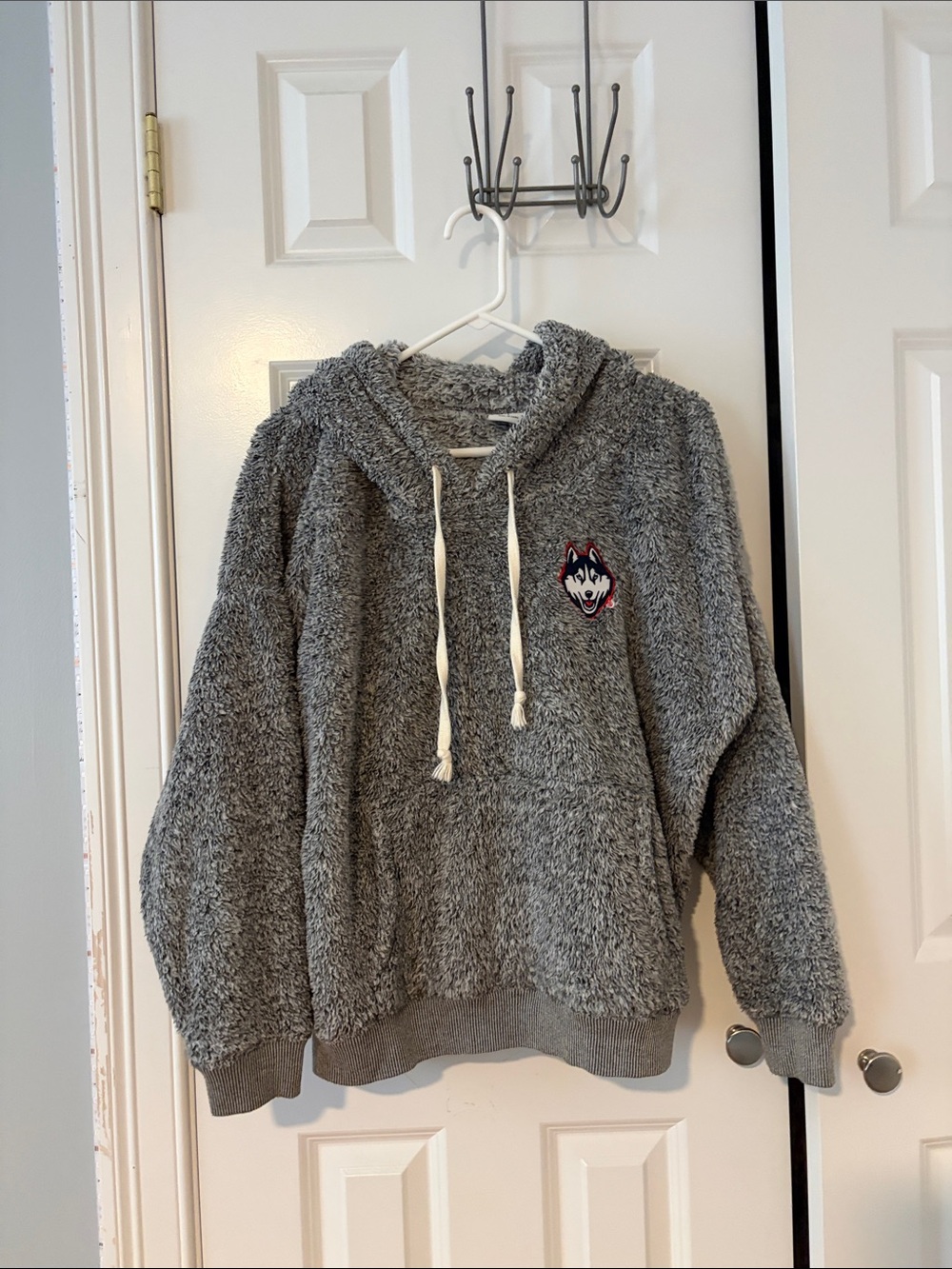 Cozy Gray Sherpa Hoodie with Husky Patch